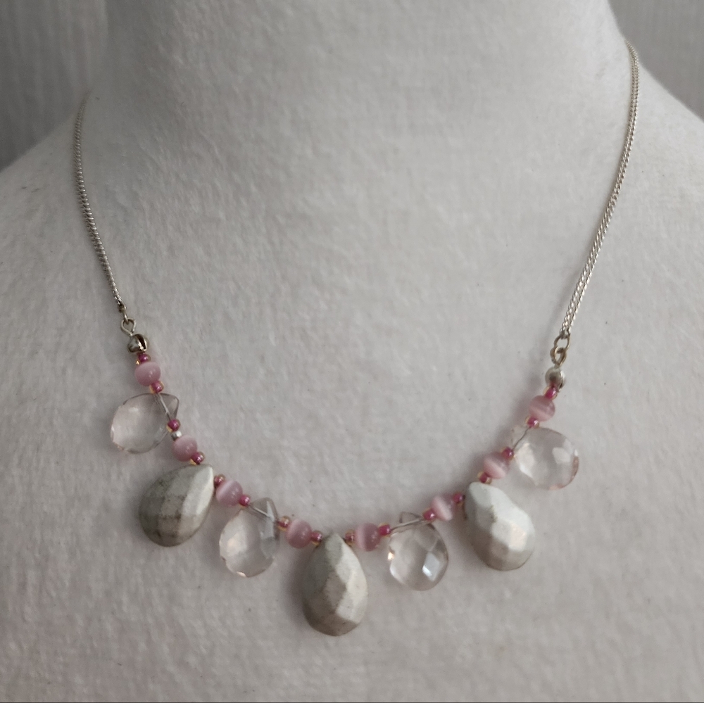 Elegant Silver Tone Pink and Clear Dangle Necklace